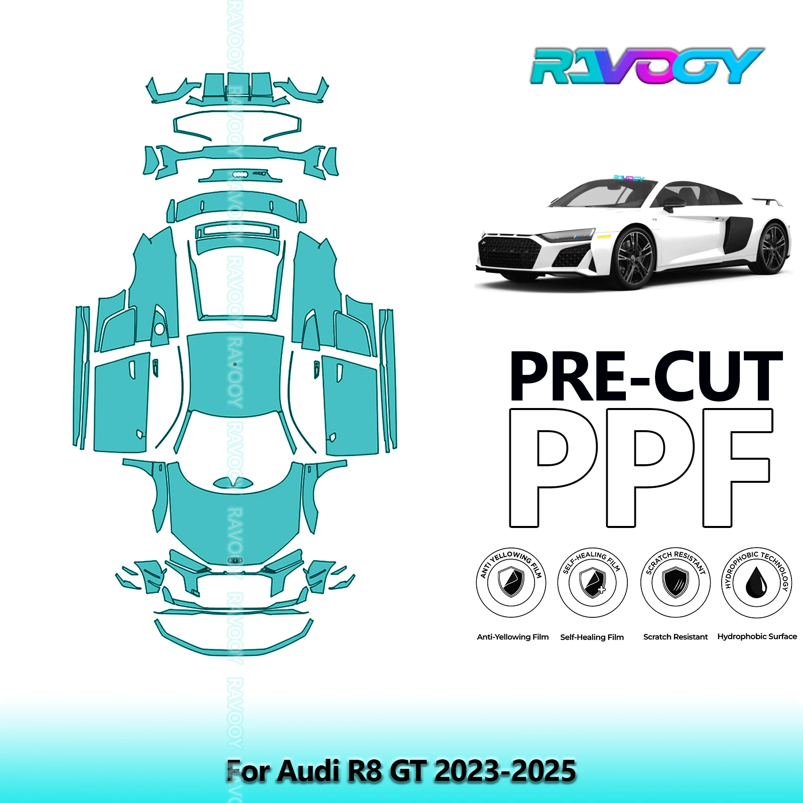 RAVOOY 8.5Mil Custom-Fit Precut TPU PPF Full Vehicle Clear Bra Stone Guard EU UK For Audi R8 GT 2023-2026