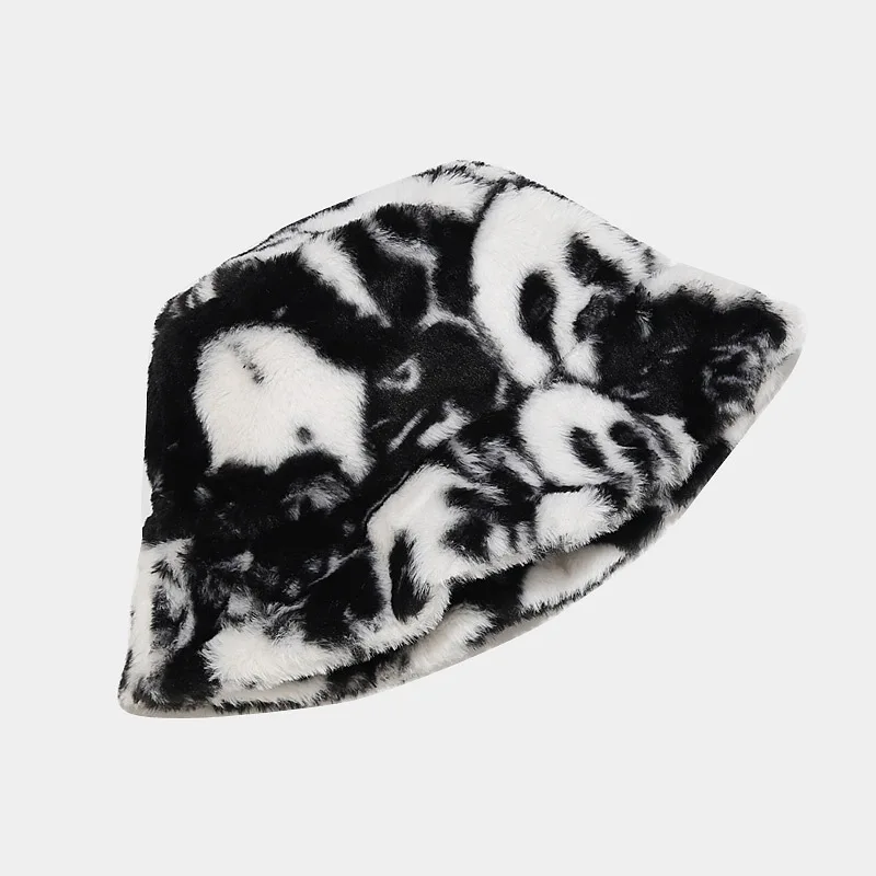 Panda Print Faux Fur Bucket Hat Winter Cap For Women Men Outdoor Warm Fluffy Fisherman Hats Panama Bob