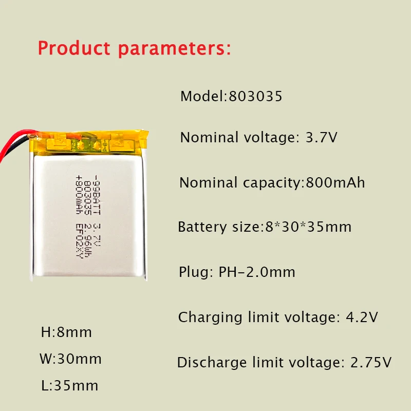 803035 800mAh 3.7V Akumulator litowo-polimerowy do smartwatcha, słuchawek Bluetooth, głośnika, oświetlenia LED — zdjęcie produktu 5