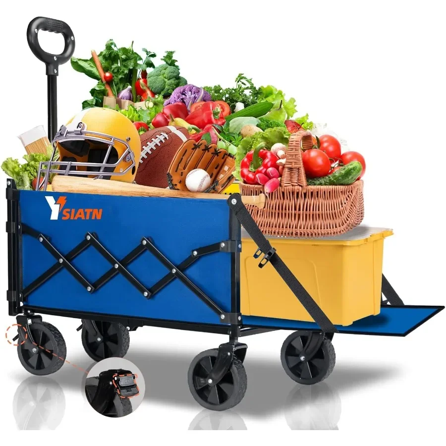 

Collapsible Folding Wagon Cart with Tailgate - 300lbs Heavy Duty Foldable Utility Wagon and Brake Wheels - 100L Lightweight Gro