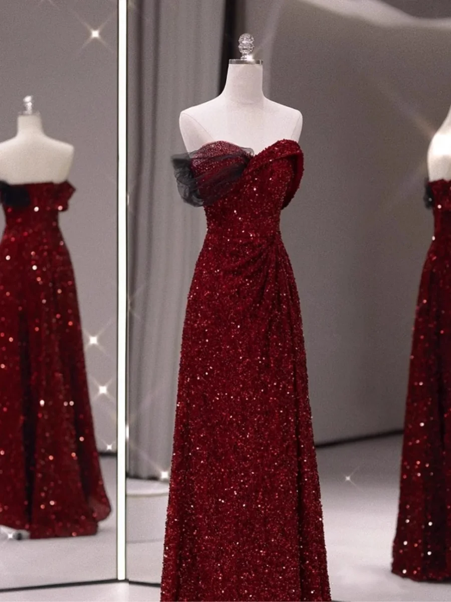 Robe de soirée scintillante à paillettes rouges pour femmes, robes de mariée scintillantes, robe de Rhtrapèze, fendue, élégante et moderne, Off Initiated