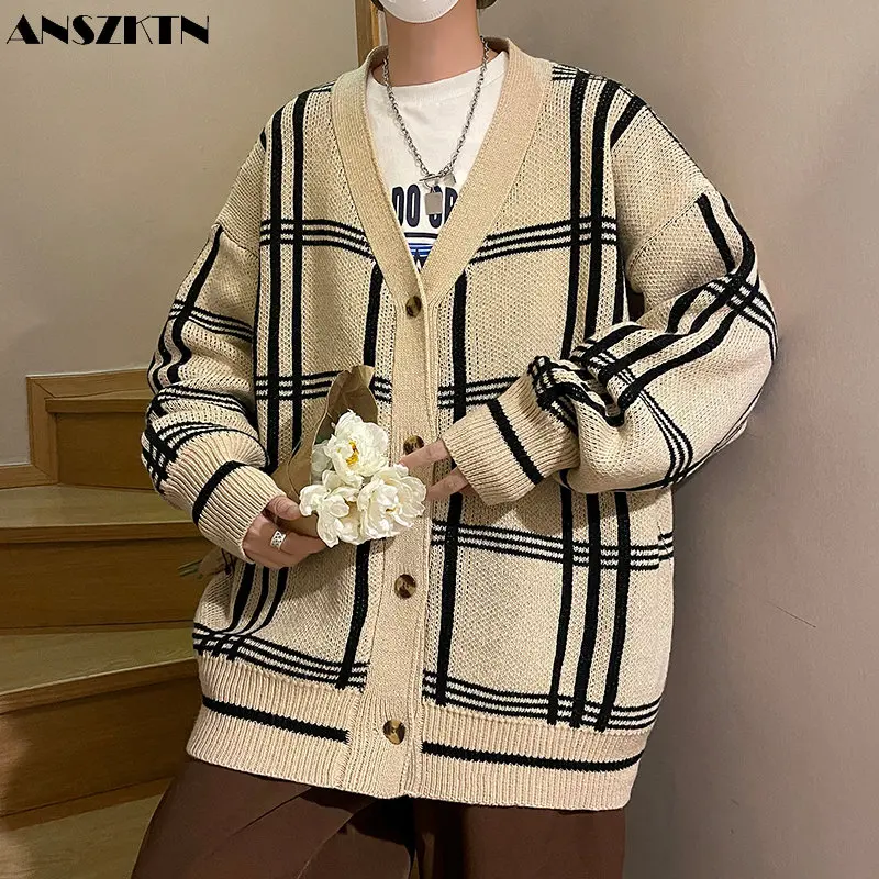 

ANSZKTN Men autumn winter trend casual Plaid loose dropped shoulder V-neck button sweater cardigan