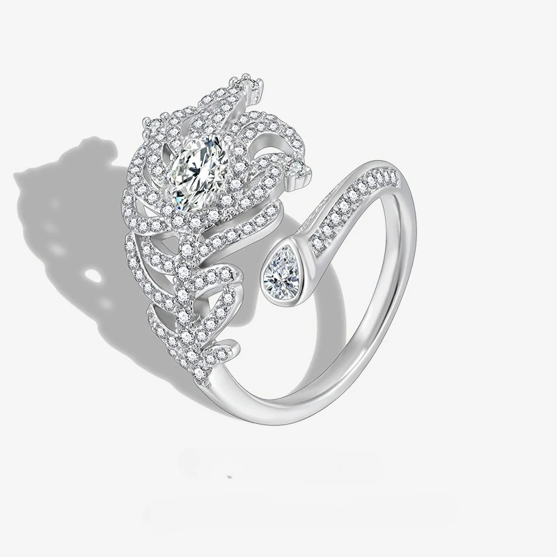 

New S925 Silver Peacock Feather Full Diamond Open End Ring for Women's Niche Micro Inlay Open End Ring Wedding Jewelry