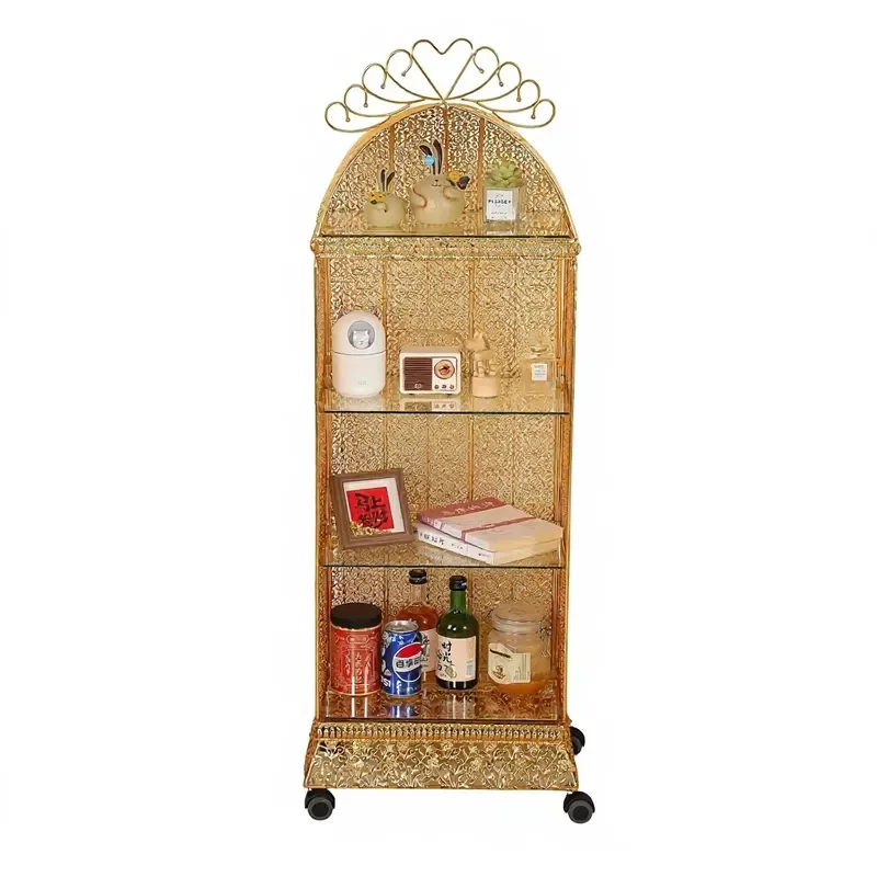 European high-grade wrought iron hollow glass rust-proof locker with wheel 4-layer living room bedroom decorative shelf