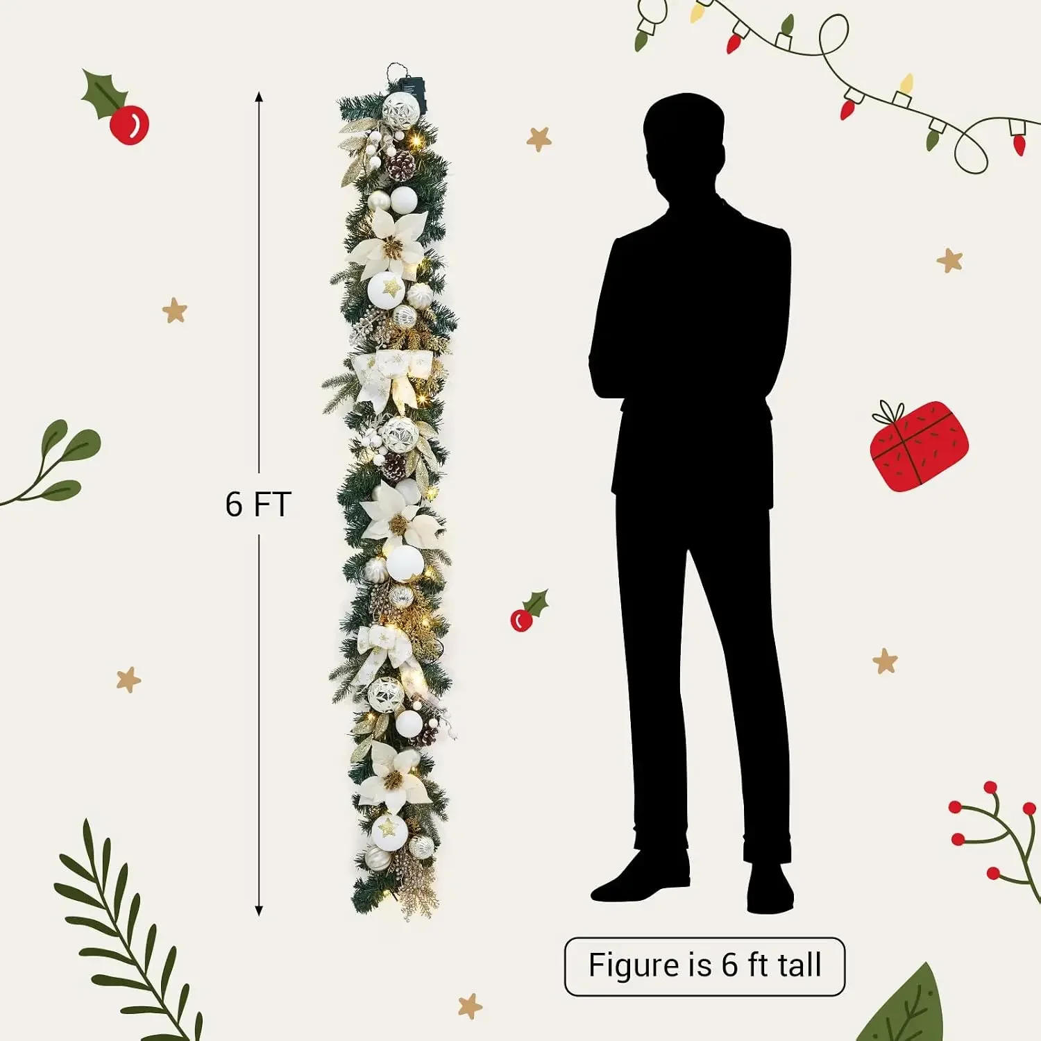 Garvee 6ft Pre-Lit Christmas Garland Artificial Light Up Garland Hanging Decoration for Xmas Tree, Home Party Door Fireplace Stair Decor Indoor/Outdoor Use with 20 Warm White LEDs, Timer & Bow view 7