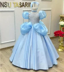Luxury Blue Dubai Girl Dress Beaded Crystal Arabic Princess Kids Wedding Birthday Party Ball Gown Communion