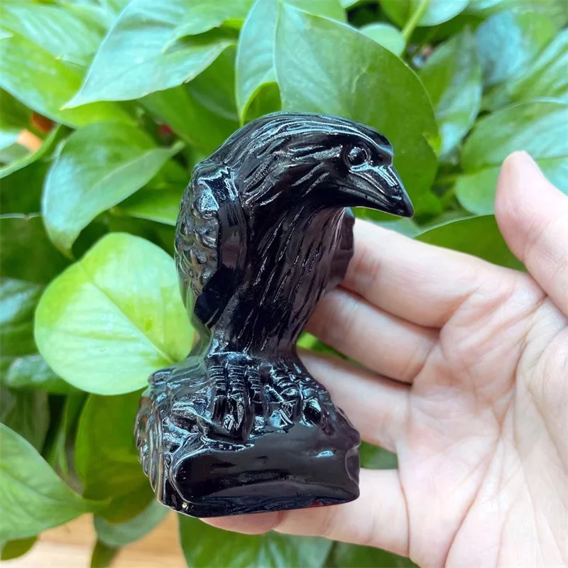 

Natural Black Obsidian Crystal Stone Crow Hand Carved Animal Figurine Energy Crafts Home Decoration Gift 1pcs