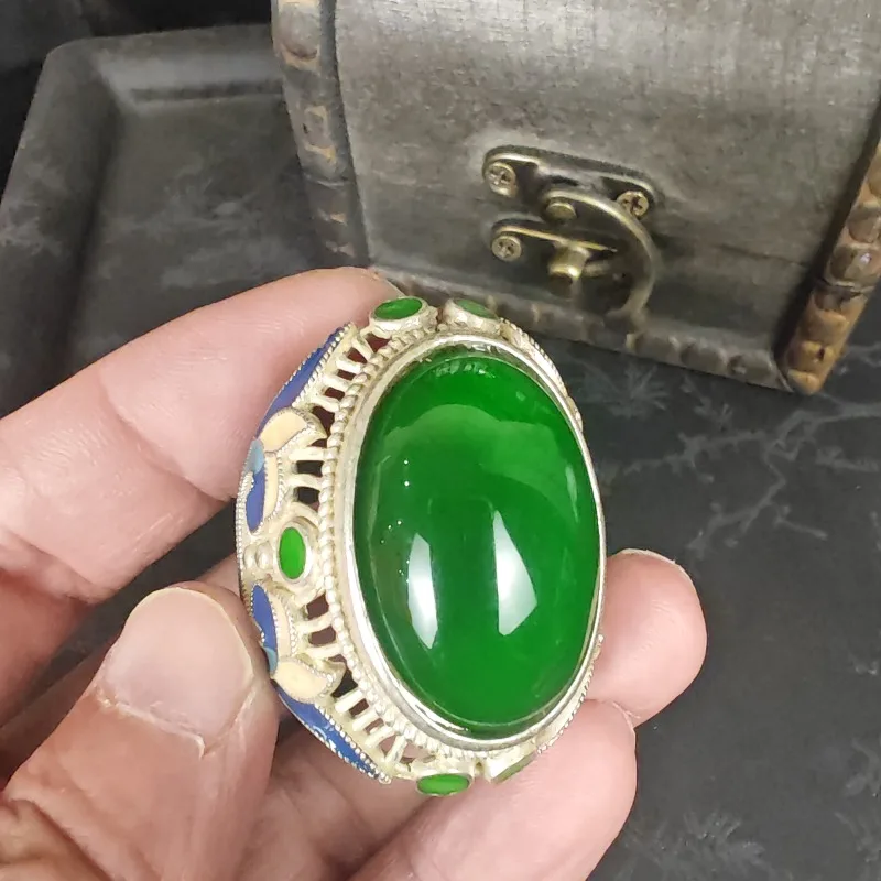 Vintage Cloisonné-Emaille-Ring, Unisex, Blumenmuster, Metall, große Imitation von grünem Jade, auffälliger Fingerring, Schmuck für Männer und Frauen, Geschenk für Partys. – Detail 1