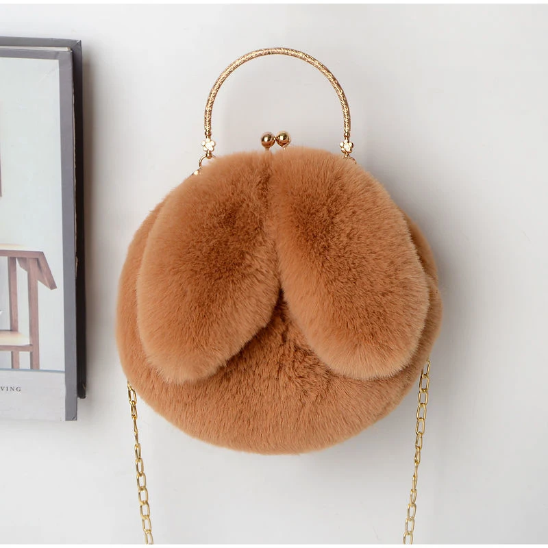 Weiche, flauschige Plüsch-Handtasche mit Henkel, niedliche Umhängetasche mit Hasenohren und Kette, warme Winter-Clutch, leichte Handytasche – Detail 16