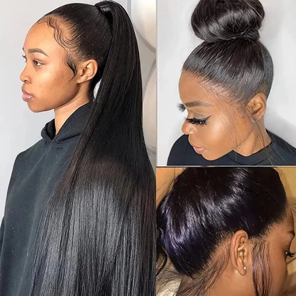 هالوين أسود اللون شعر طبيعي مفرود شفاف 360 HD كامل الدانتيل خصلات الشعر المستعار الإنسان مستقيم 180% الكثافة مظهر طبيعي #1