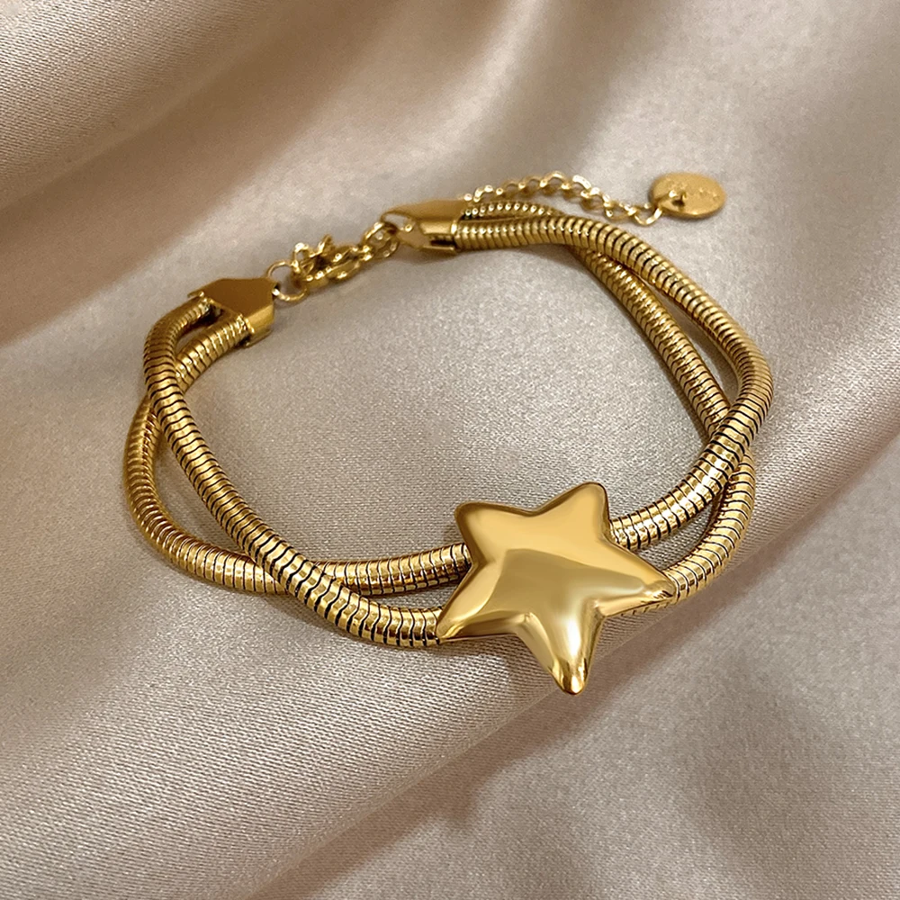 Punk Chunky Stainless Steel Stars Bracelets for Women Fashion Gold Color Snake Bone Double Chain Bracelet Wrist Jewelry