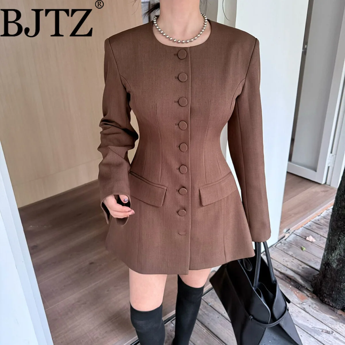 

BJTZ женское минималистичное классическое платье во французском стиле с длинными рукавами, однобортное, для похудения талии на осень-зиму