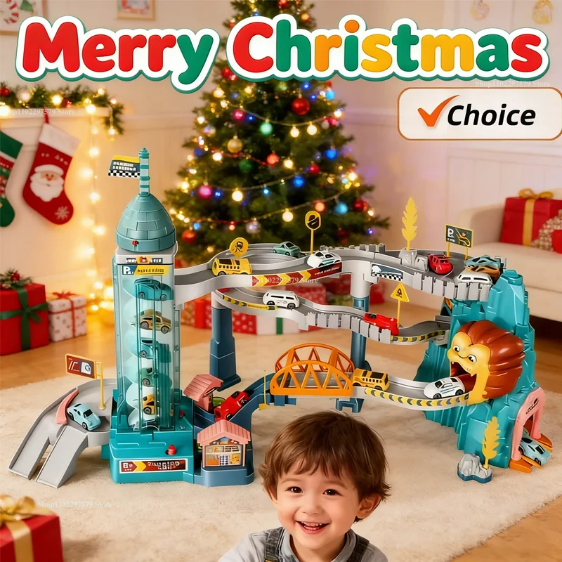 Electric Rail Car Lion Theme Building Parking Lot Adventure Racing Rail Car Toys Children Brain Mechanical Interactive Rail Cars