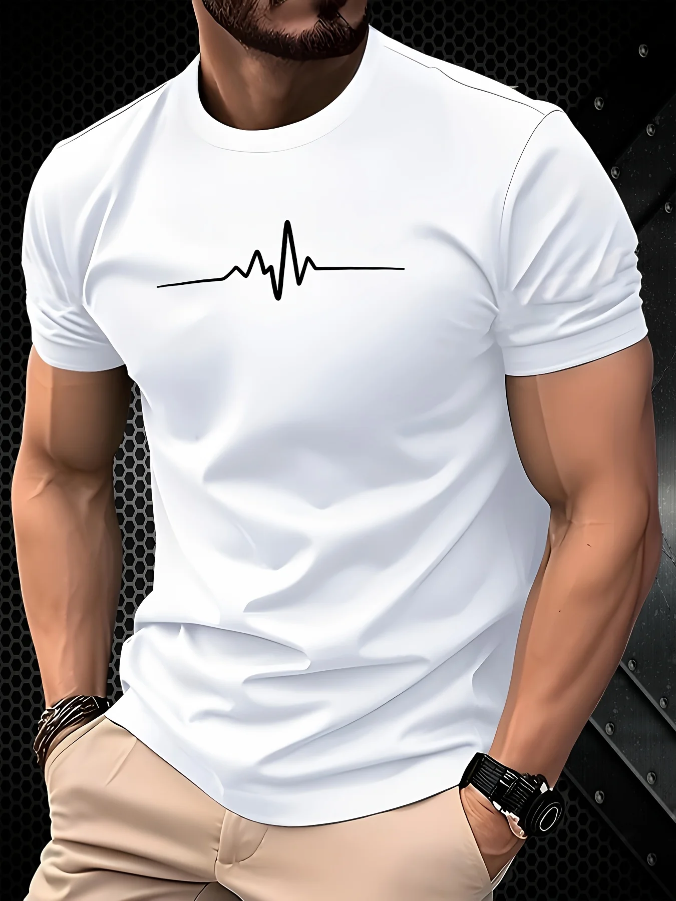 

Мужская футболка с коротким рукавом с 3D-принтом — графический дизайн Heartbeat с круглым вырезом, легкий полиэстер, можно стирать в машине