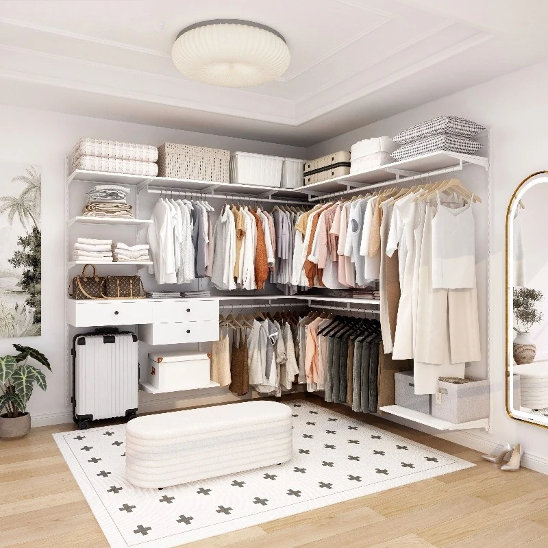 L-shaped steel walk-in closet sliding door adjustable convertible minimalist design with open Light Emitting Diode light wall