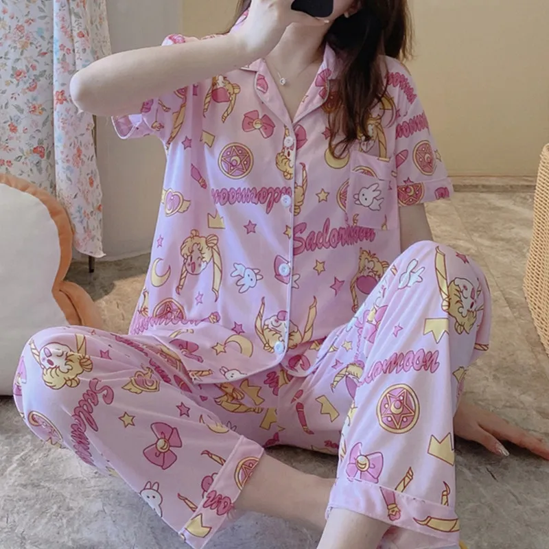 2Pcs Kawaii Sailor Moon Woman's Pajamas Set Fashion Cartoon Casual Pajamas Anime Night Wear Cartoon Girl Student Cute Sleep Wear