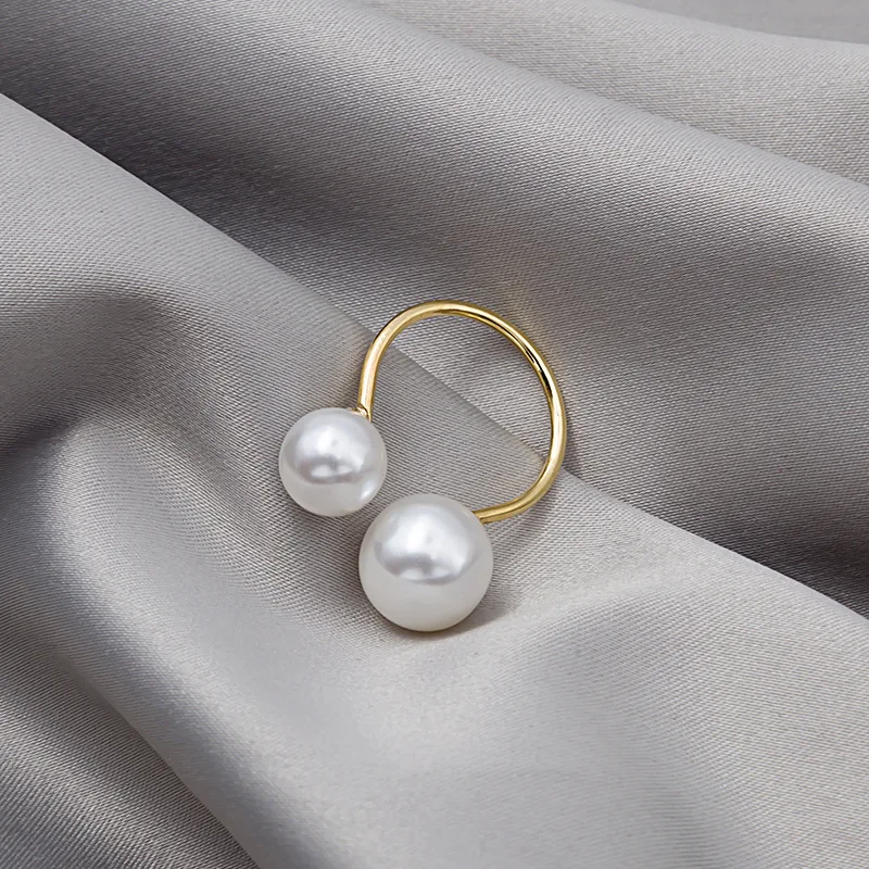 Pearl Opening Ring White Gold Color Round Minimalist Exaggerated Ring Double Pearls Rings Women Fashion Stacking Jewelry