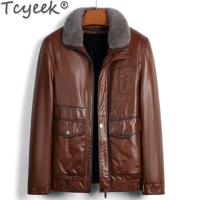 Tcyeek Genuine Leather Man Jackets Mink Fur Coat Men Winter Jacket Real Cowhide Coat Business Casual Mens Coats Куртка Мужская