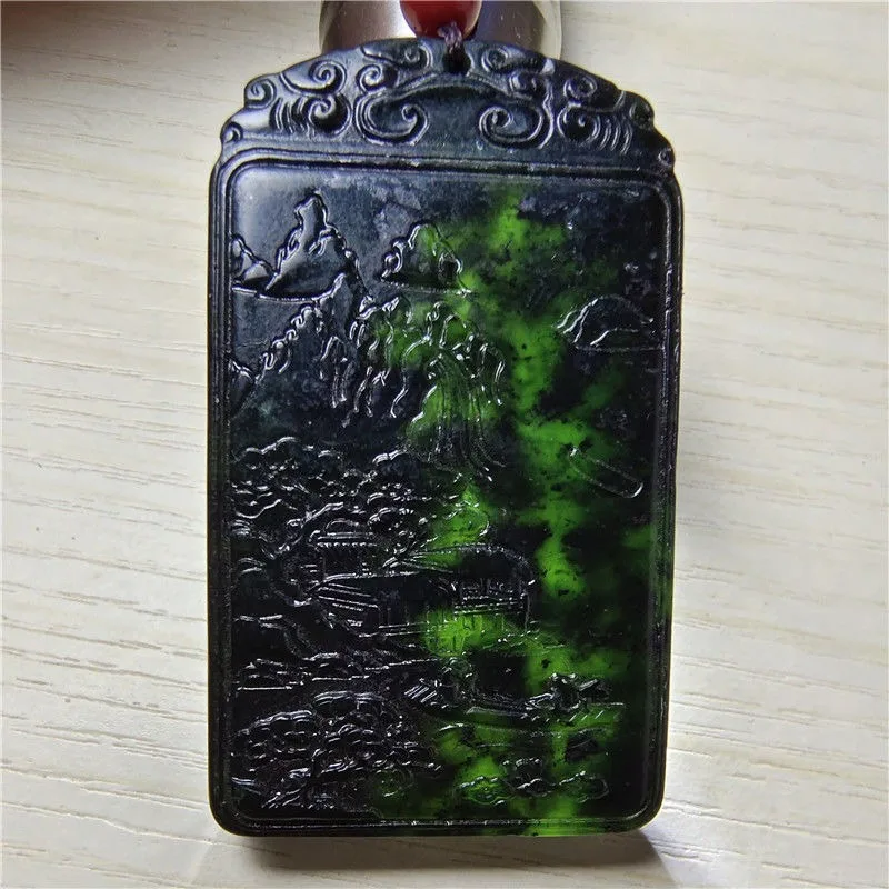 

Genuine Natural Medicinal King Stone Landscape Brand Dark Green Jade High Mountain and Flowing Water Pendant Male Pendant