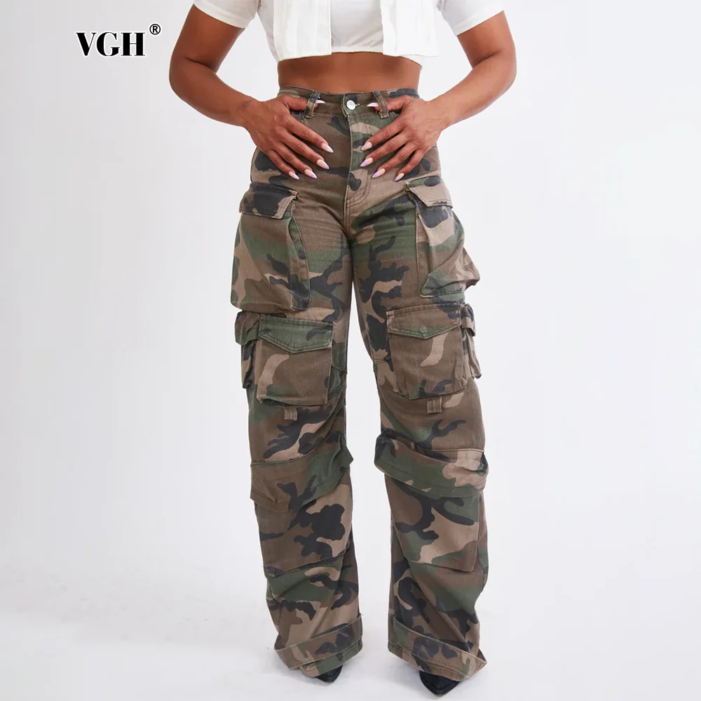 VGH Camouflage Printing Straight Jeans For Women High Waist Patchwork Pockets Denim Casual Loose Wide Leg Pants Female Fashion