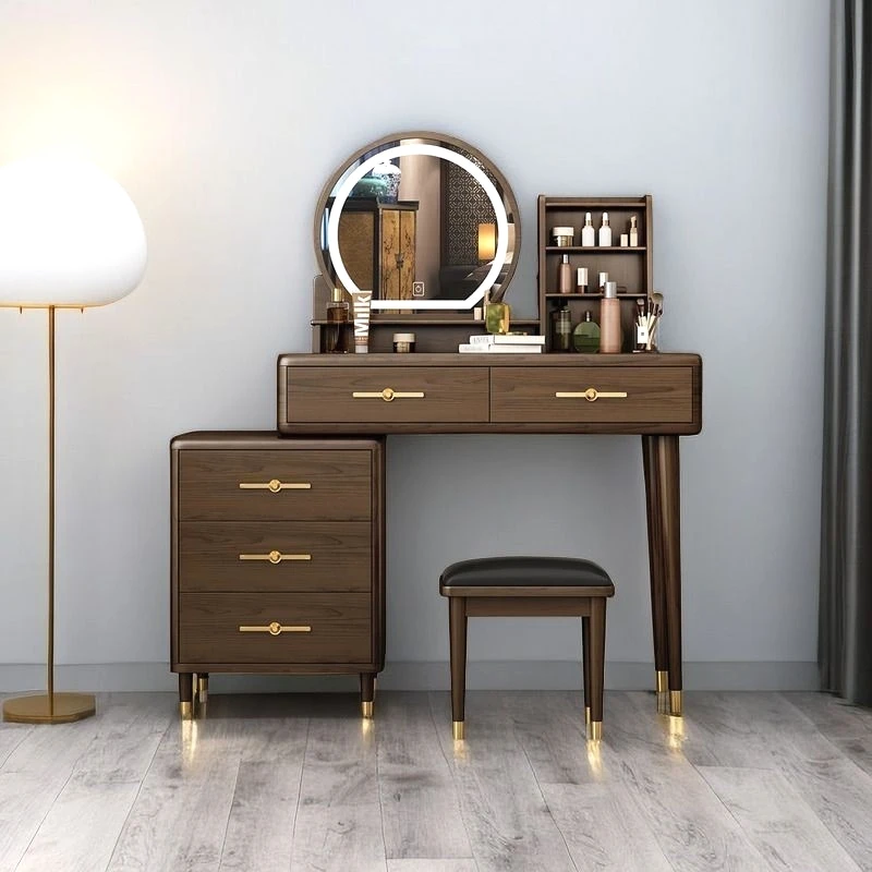 

Chinese dresser new light luxury solid wood bedroom retro multi-functional telescopic walnut integrated drawer makeup table