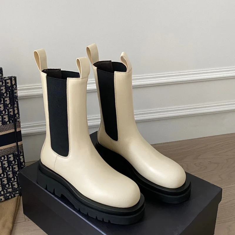 StephanBoots-Bottes mi-hautes à plateforme en cuir pour hommes et femmes, chaussures de pluie à enfiler, Parker rond, modèles de couple, mode,