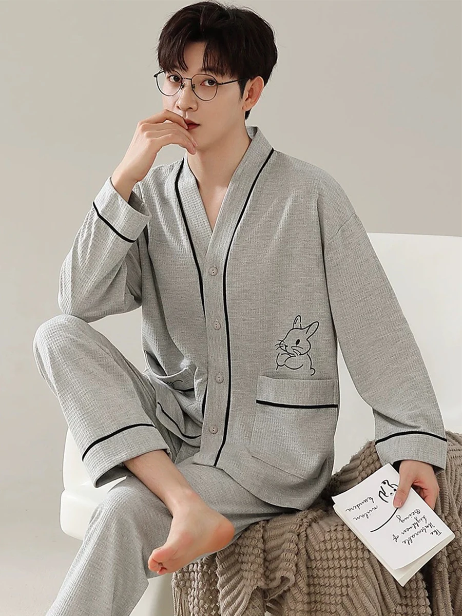 

Pajamas for Men Spring and Autumn Long-Sleeved Young Men's Simple Casual Lapel Autumn and Winter Home Wear Set