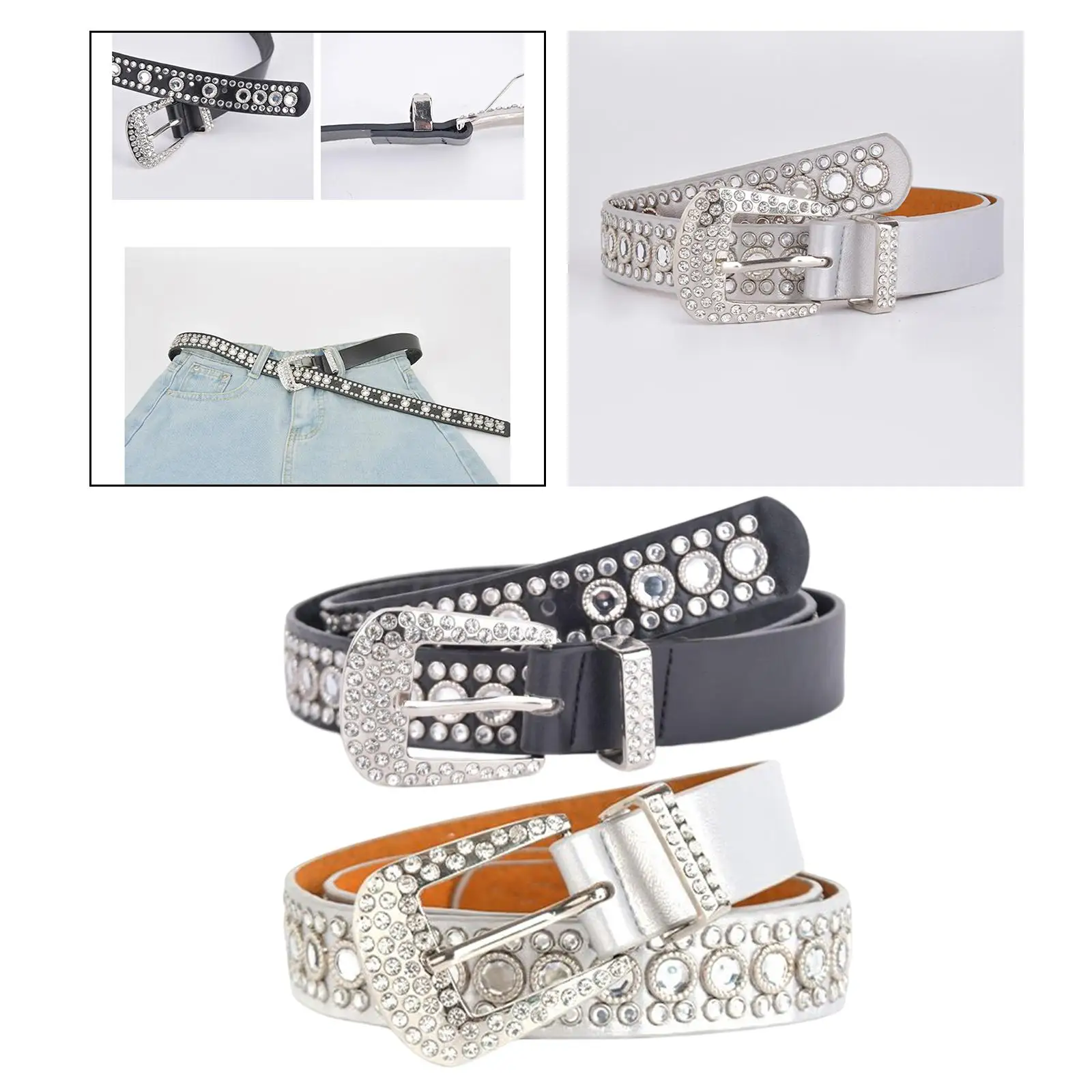 Rhinestones Belt Metal Buckle Crystal Studded Belt Fashion Wide Waist Belt Waist