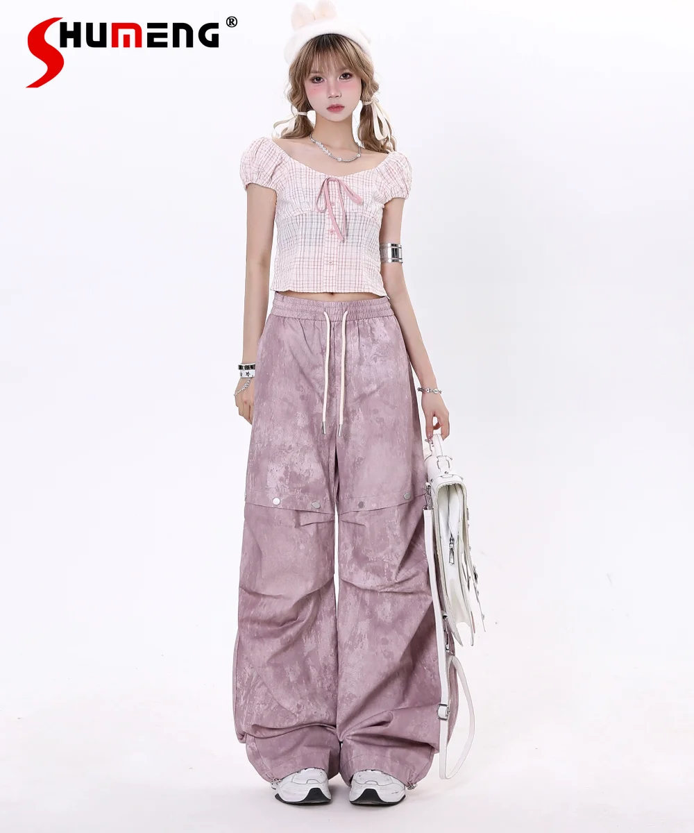 2024 Summer New Fashion All-Match Casual Pants Women Loose Slim Elastic Waist Pink Wide-Leg Pants Student Mop Pants Trousers