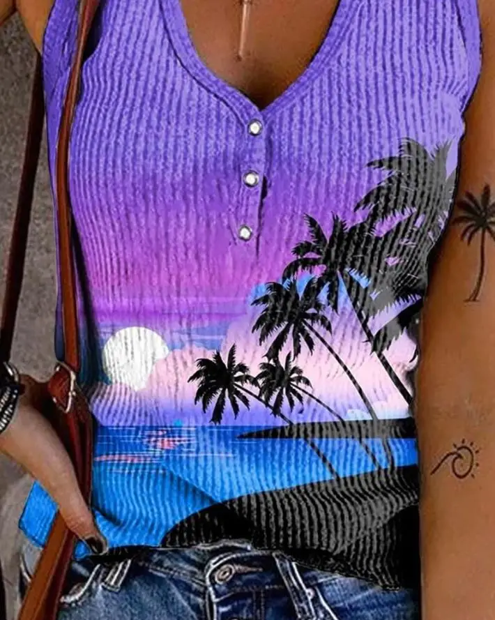 2023 Women's New Hot Sale Casual Spring/summer Scenery Hawaiian Palm Tree Print Ribbed Tank Top