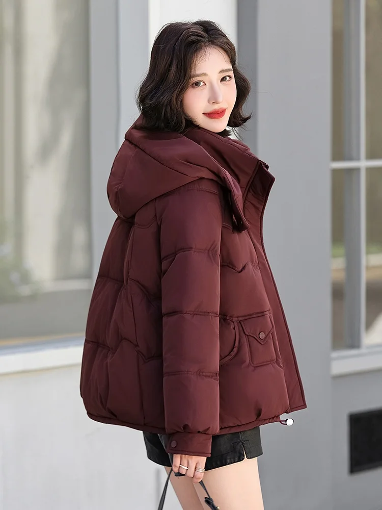

Women's Hooded Thickened Cotton Jacket Winter Fashionable Warm Coat Korean Style Long Sleeve Zipper Closure Color