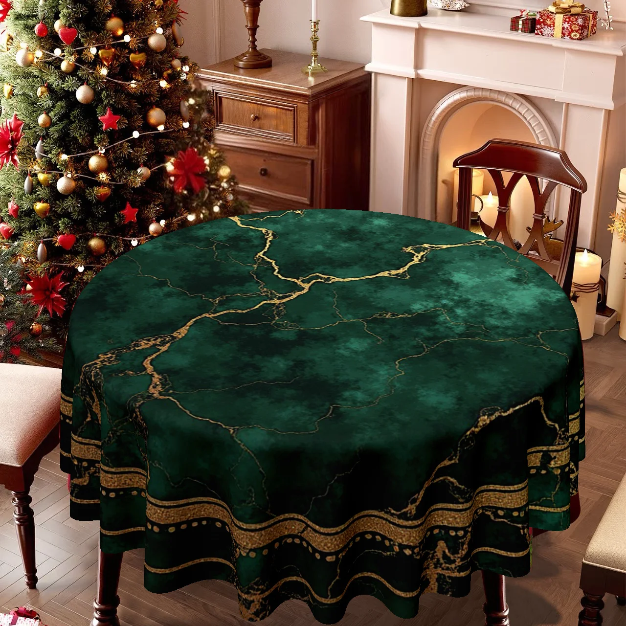 1 tablecloth, suitable for Christmas and Easter, in an elegant green marble design with a gold border