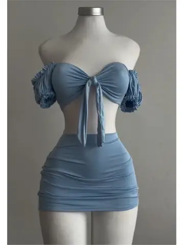 A sexy and fashionable two-piece short skirt with hollowed-out pleated puffed sleeves that wraps the hips
