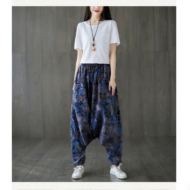 

Large Size Women's Ethnic Style Lantern Pants Cotton and Linen Crotch Pants
