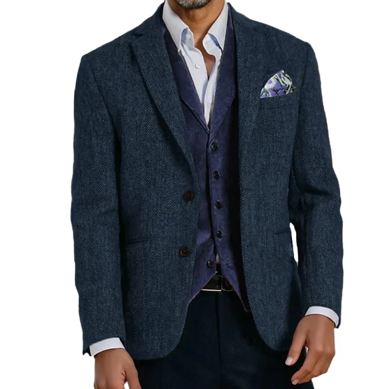 ブラウンヘリンボーンツイードカジュアルメンズスーツ 冬の結婚式用グルームズマンタキシード男性用セットジャケット 2025年新作ファッション