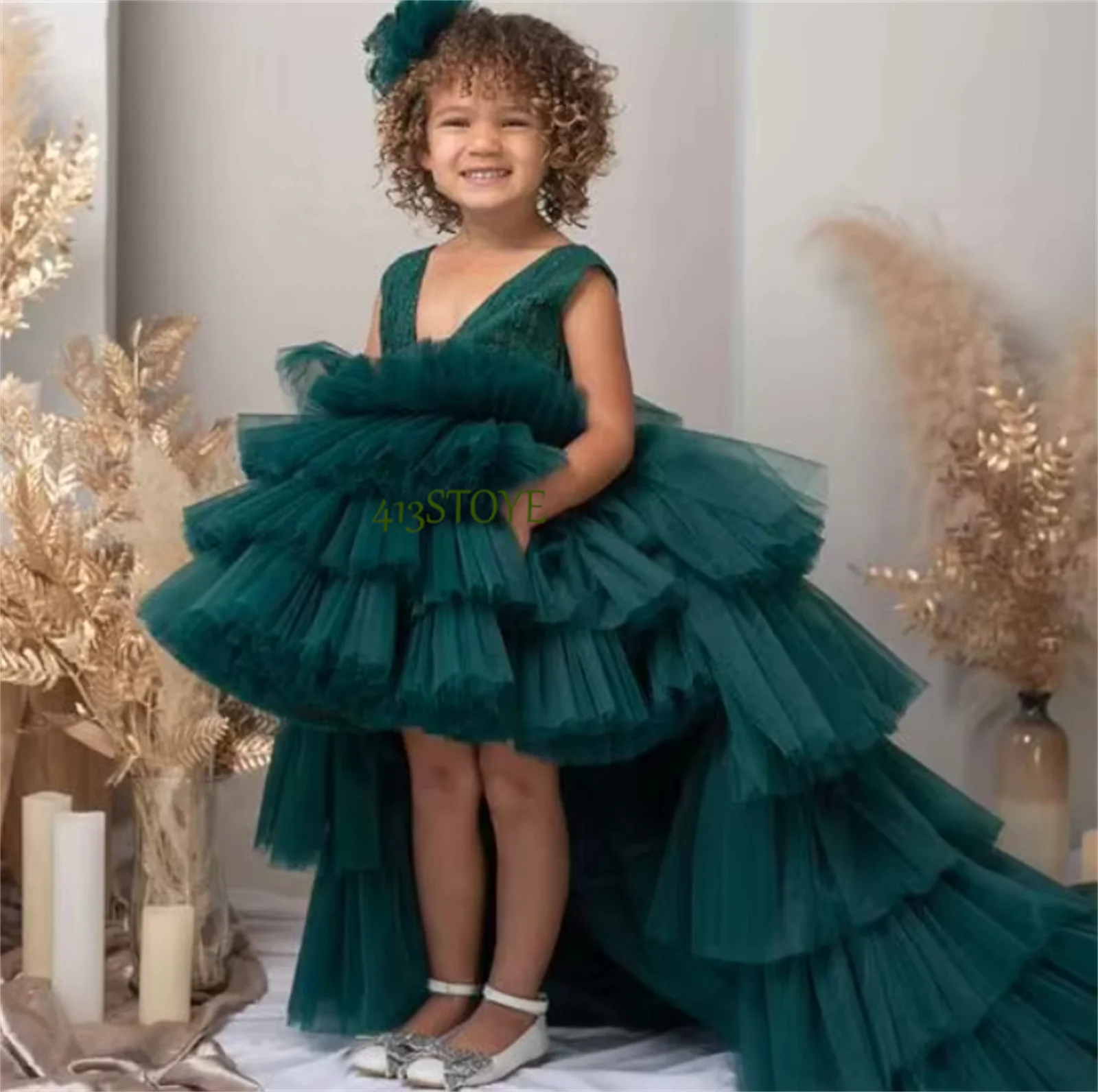Abito da ragazza di fiore verde smeraldo soffice personalizzato per abito da festa di nozze Abiti da compleanno per bambini in tulle a strati Prima comunione P