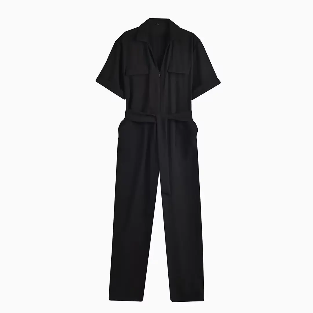 

UNIZERA women's retro jumpsuit with waistband zipper lapel short sleeved style summer new jumpsuit