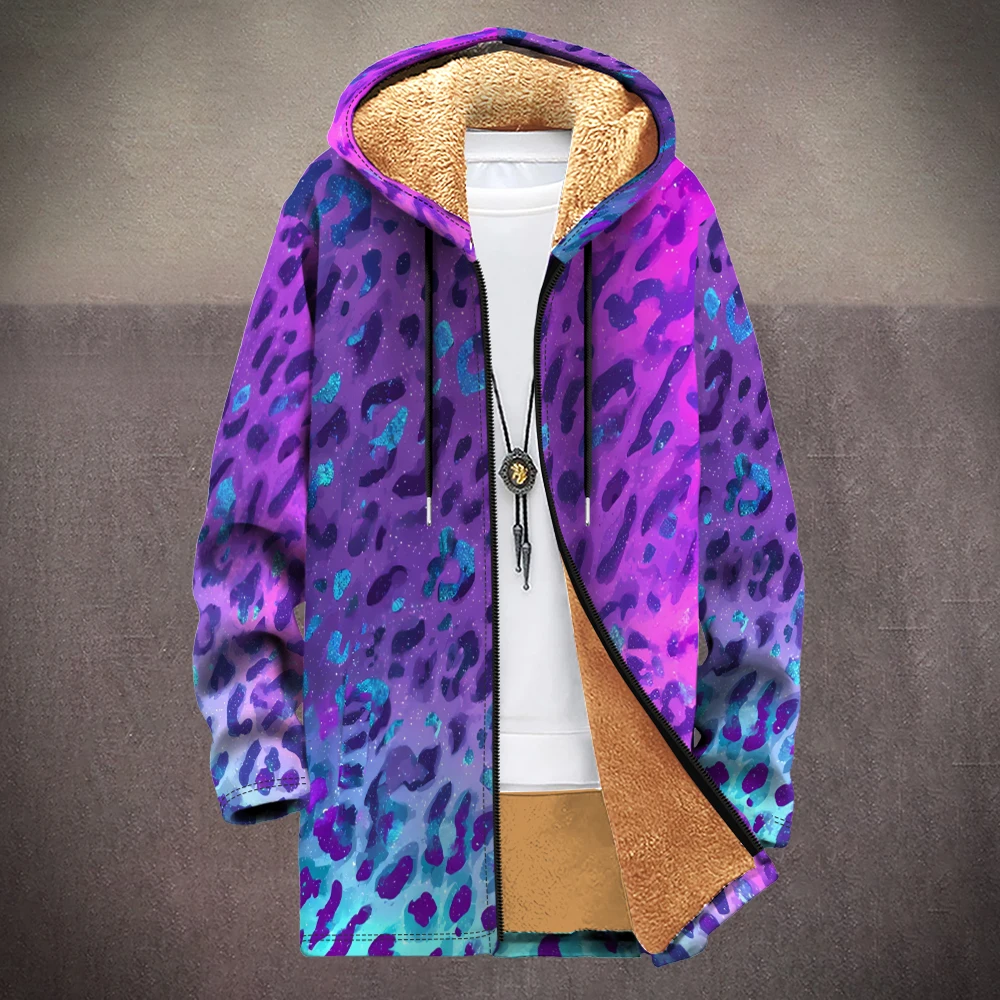 Mens Leopard Print Hooded Jacket Fleece-Lined Coats Floral Star Patterns Unisex Streetwear Fashion Faux Fur Gradient Outerwear