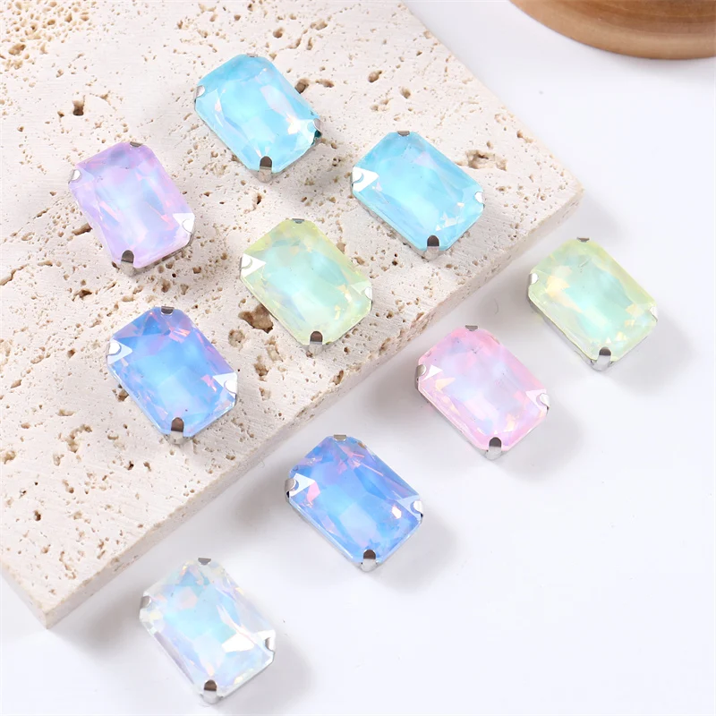 Rectangle Glass Rhinestones with Sliver Claw crystal sew on gemstones decorations for clothes shoes bags needlework