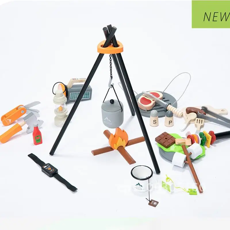 Parrilla de barbacoa de simulación de madera para niños, pícnic al aire libre, juego de acampada, juguete, juego de barbacoa de cocina con diseño a escala 1:1