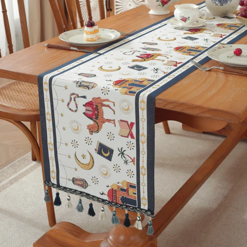 2026 عيد الفطر غزل مصبوغ الجاكار الجدول عداء البوليستر أضواء النجوم/الجمل/نمط القلعة شرابة تقليم السرير عداء/مفرش المائدة