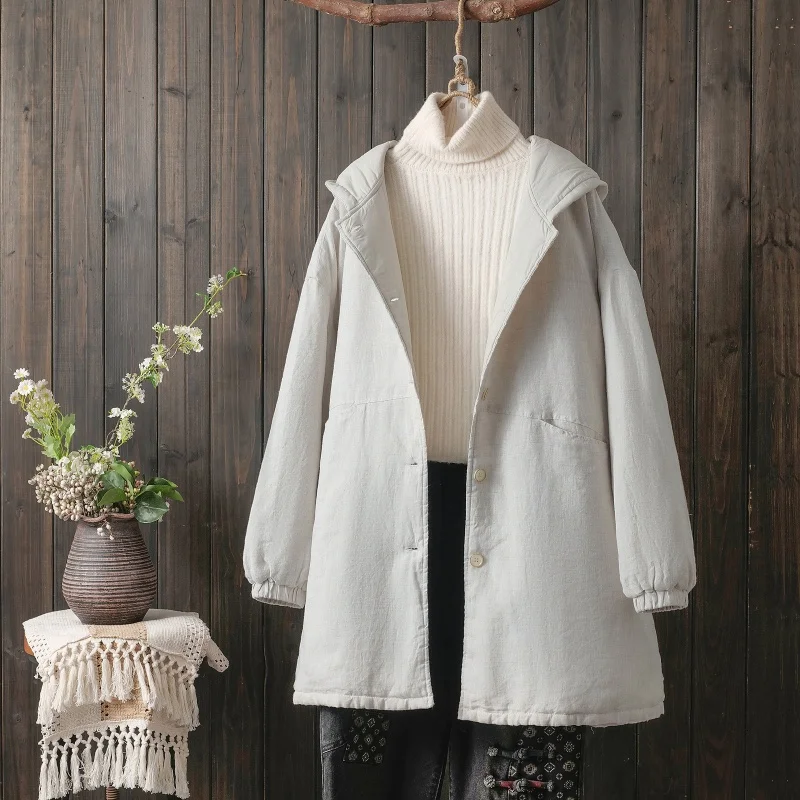 

Thiened Warm Cotton Linen Hooded Jaet Mid-Length Autumn Winter Outerwear Korean Sle Loose Fit Casual Coat for plus Size...
