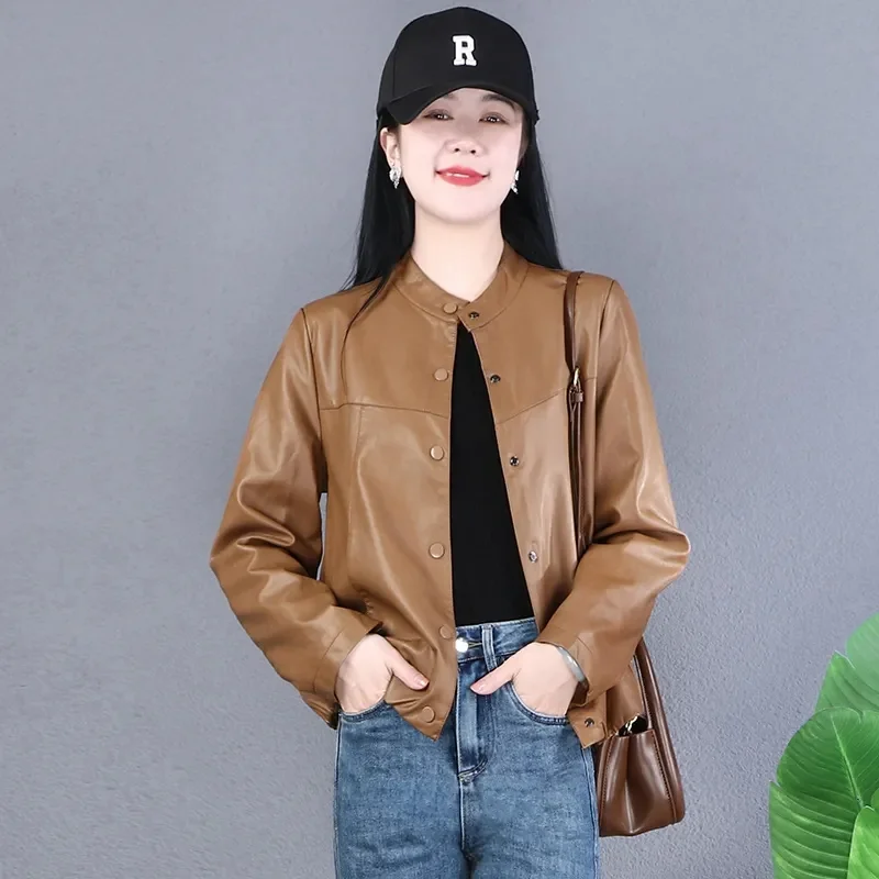 Round Neck PU Leather Jacket Fashion Women's Leather Coat  2023 New Spring Autumn Slim Short Outerwear Motorcycle Clothing Femal