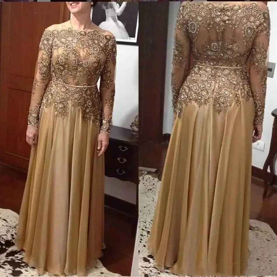 2025 Mother Of The Bride Dress Gold Beaded Long Sleeves Floor Length Sequined Lace Appliqués Guest Evening Gowns robes de soirée