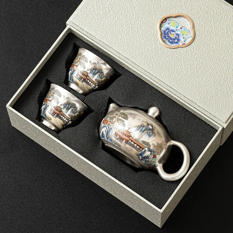 Silver-plated Ten-Thousand-Li Mountain and River Tea Set - Premium Luxury Tea Pot - Birthday and Christmas Gift