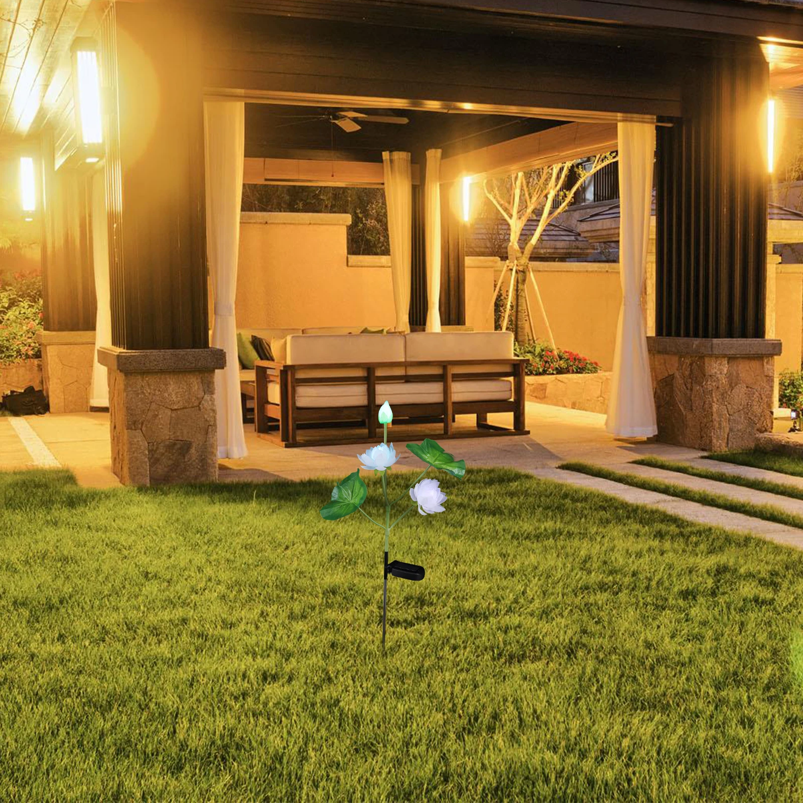 

1pc Colorful Lotus Lamp Solar Powered Outdoor Garden Decorative Stake Light Waterproof Flower Design Landscape Lighting