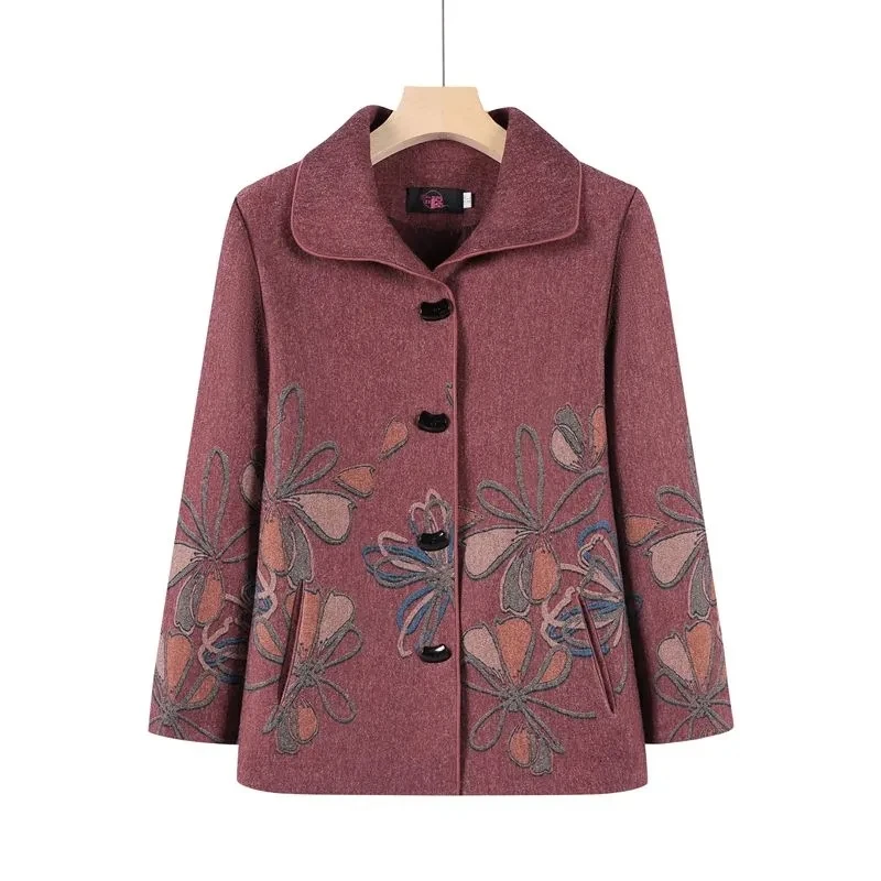 Middle Aged Elderly Women's Woolen Coat Autumn winter Large Size Casual Printing Wool Jacket Mother Fashion Cardigan Tops 5XL