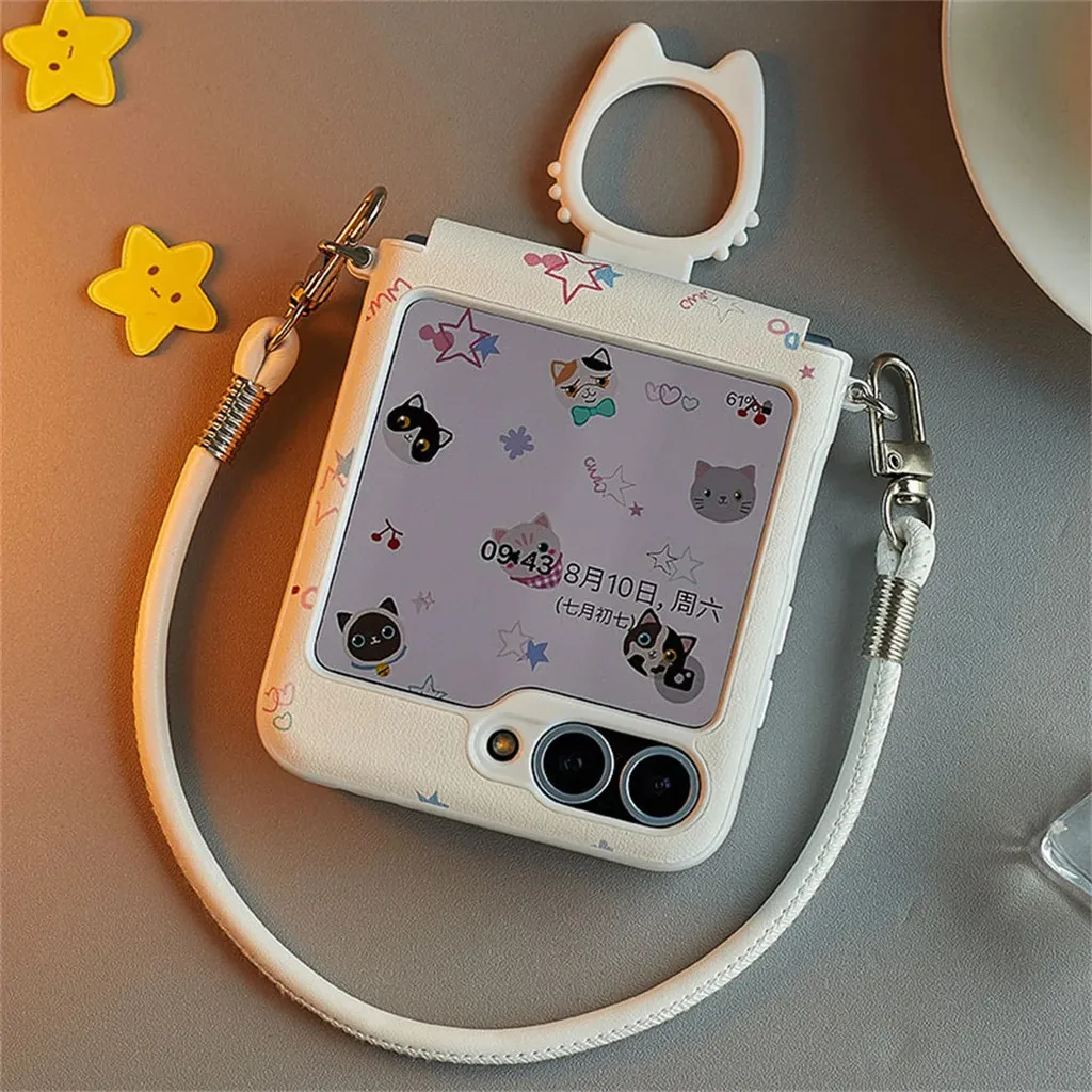 حافظة هاتف كورية عصرية كاملة الشاشة لطيفة على شكل قطة بيضاء صلبة مع حلقة لهاتف Galaxy Z Flip 6 Z Flip 7 Z Flip6 غطاء خلفي