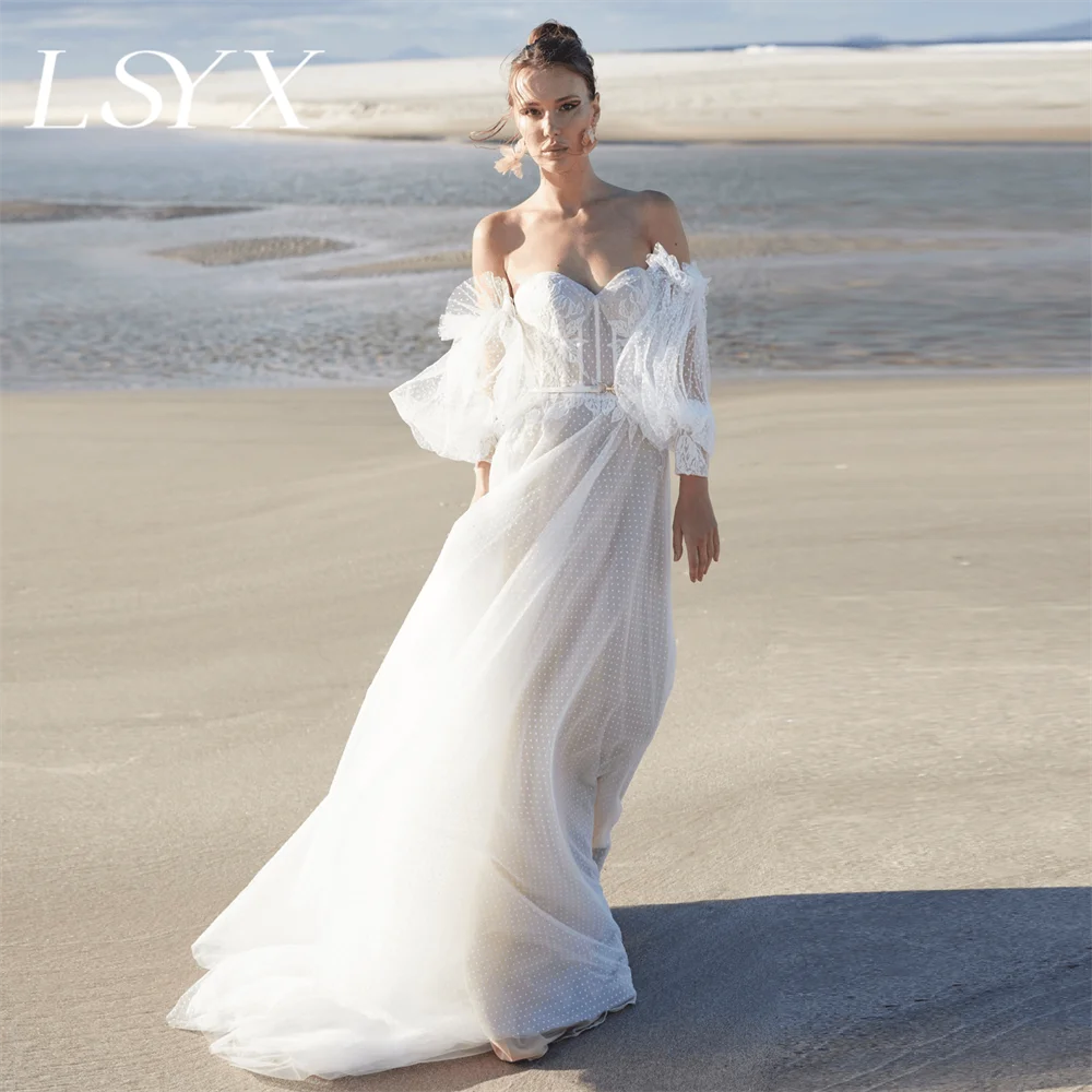 

LSYX Sweetheart Off Shoulder Puff Sleeveless Tulle Lace Wedding Dress Button Back A-Line Court Train Bridal Gown Custom Made