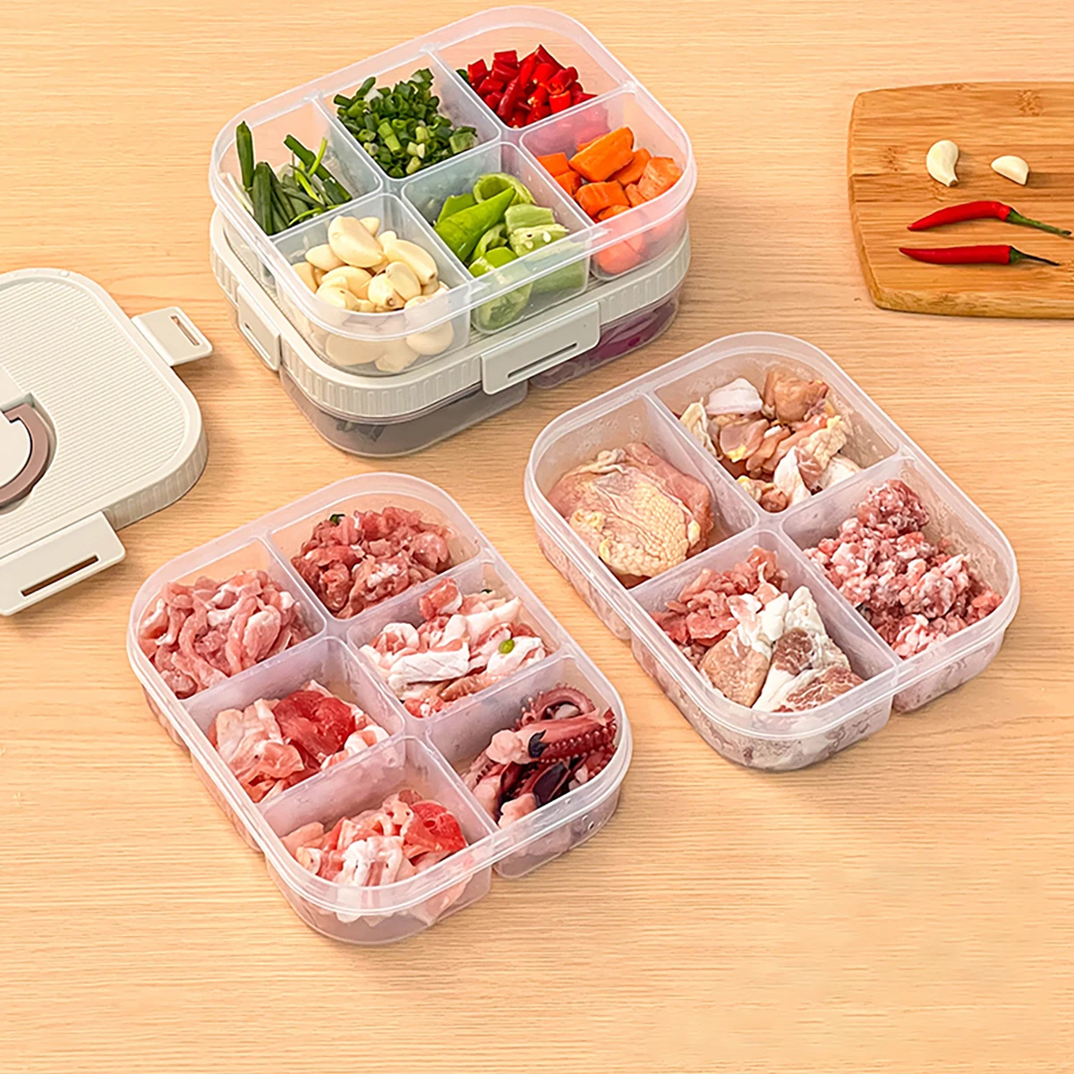 

WORTHBUY Plastic Divided Food Storage Box With Handle Fridge Sealed Meat Fresh-keeping Box Microwave Safe Kitchen Organizer
